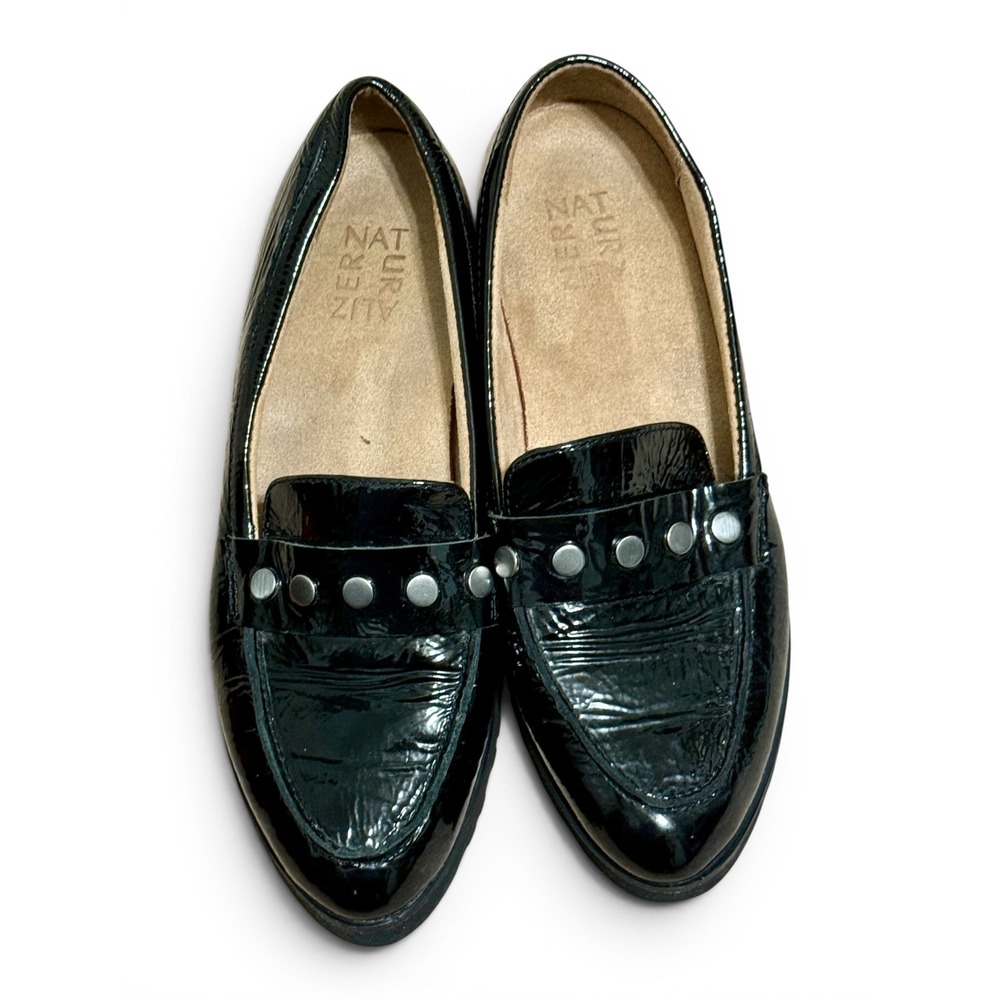 Naturalizer Womens GAIA Black Patent Leather Studded Lug Sole Loafers Shoe SZ-8M